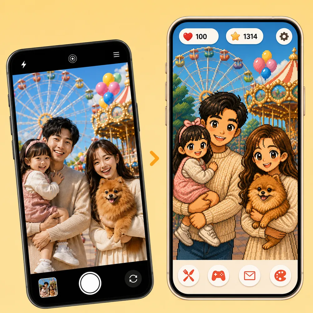 사진 한 장이 나만의 AI 캐릭터로 — 가족과 반려견 사진이 픽셀 캐릭터로 변환된 예시